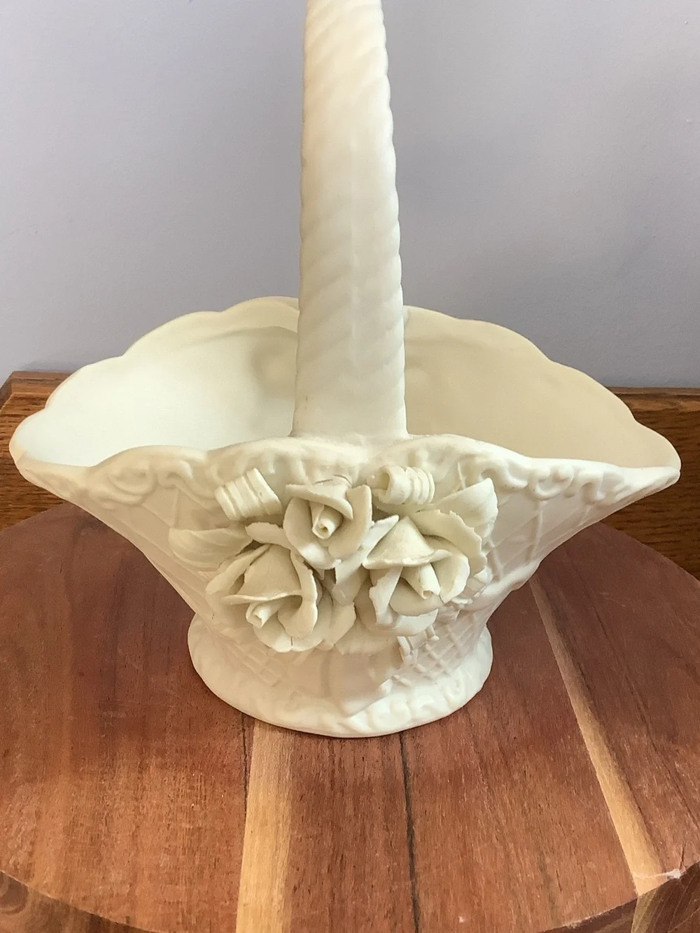 Vintage Ivory Ceramic Floral Basket Decorative Accent